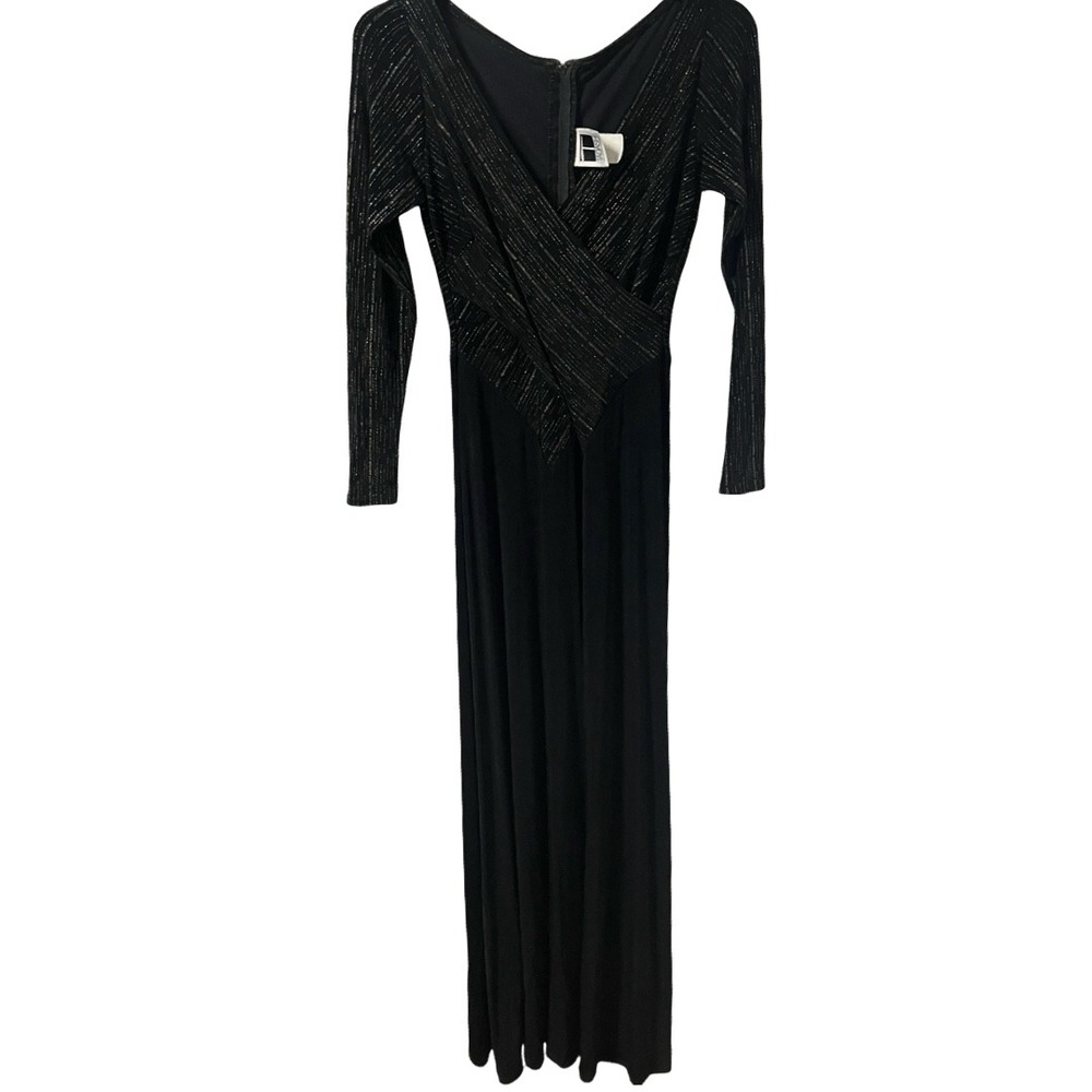 Tadashi Shoji Vintage Black Gold Silver Metallic Pinstripe Maxi Dress Gown Large